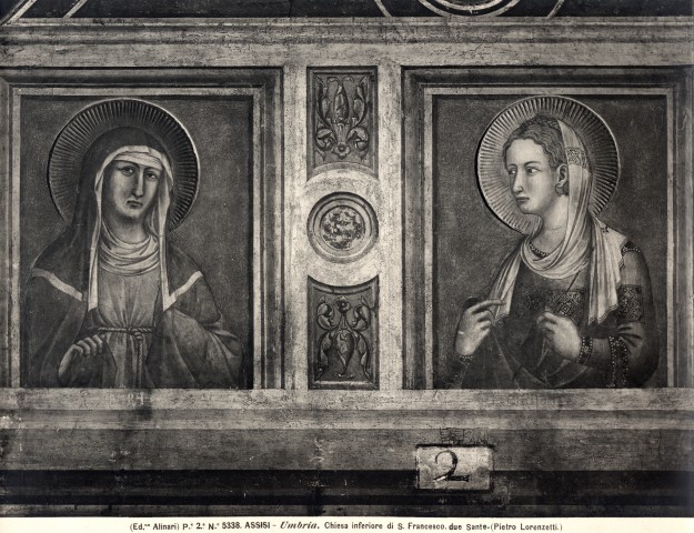 Alinari, Fratelli — ASSISI - Umbria. Chiesa inferiore di S. Francesco due sante (Pietro Lorenzetti) — particolare, santa Chiara e santa Tecla